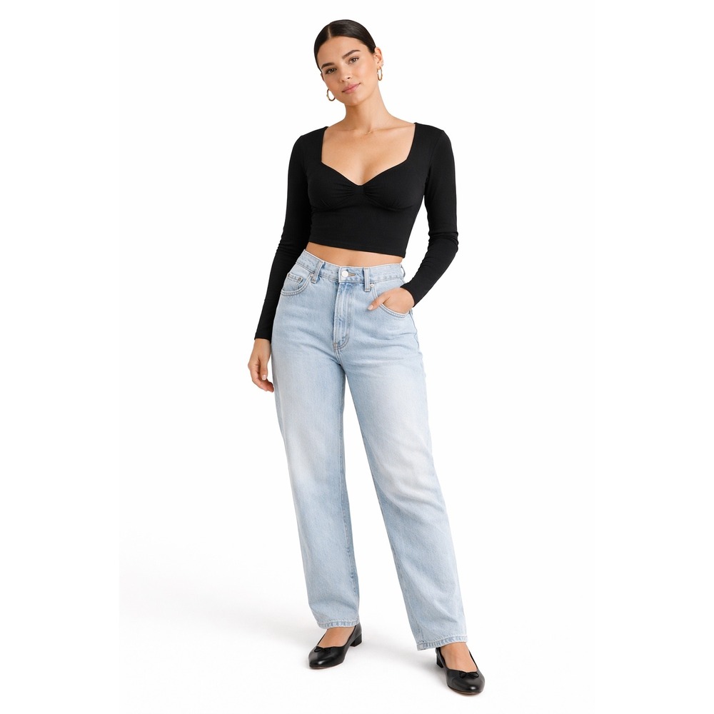 Brave‎ Soul London Black Ribbed Long Sleeve Sweetheart Neckline Crop Top M